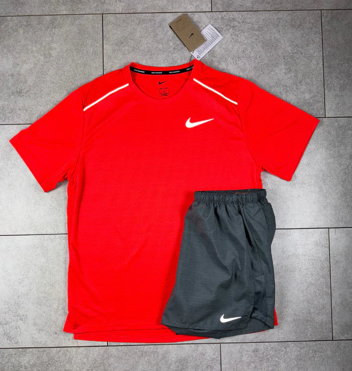 NIKE MILER BRIGHT CRIMSON & GREY SHORT SET