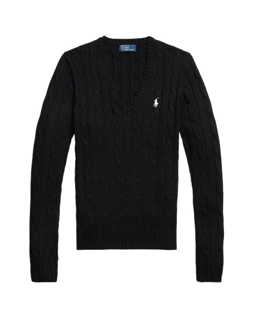 Cable-Knit Cotton V-Neck Jumper for Women