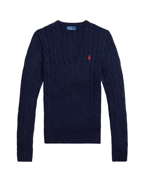Cable-Knit Cotton V-Neck Jumper for Women