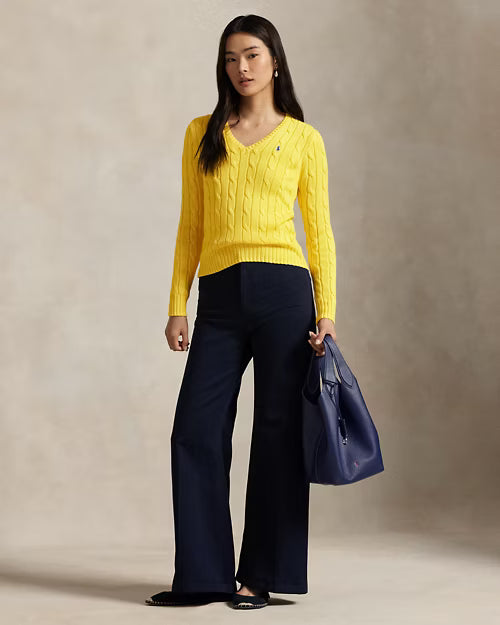Cable-Knit Cotton V-Neck Jumper for Women