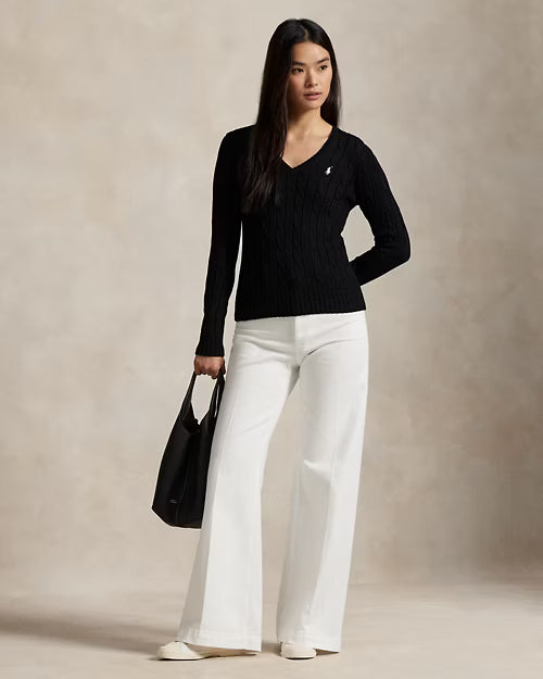 Cable-Knit Cotton V-Neck Jumper for Women