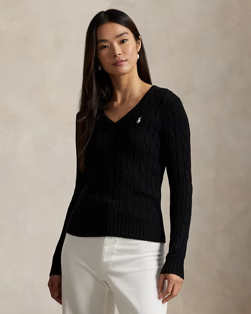 Cable-Knit Cotton V-Neck Jumper for Women