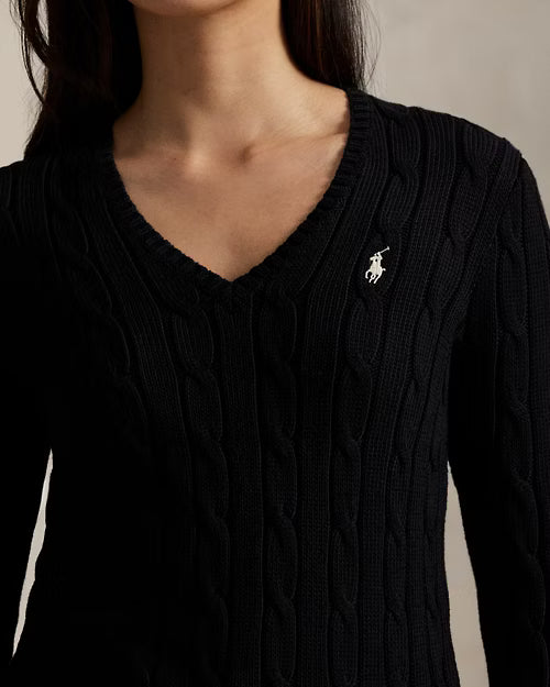 Cable-Knit Cotton V-Neck Jumper for Women