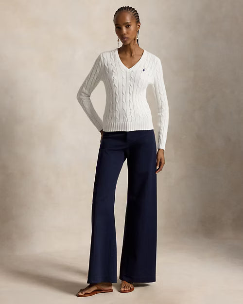 Cable-Knit Cotton V-Neck Jumper for Women