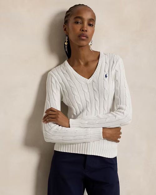 Cable-Knit Cotton V-Neck Jumper for Women