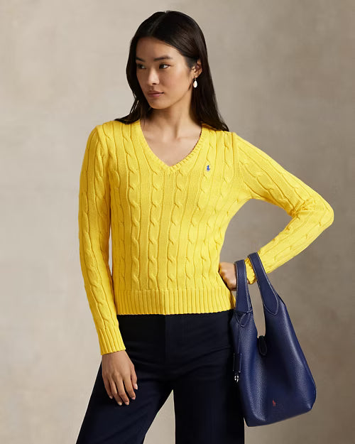 Cable-Knit Cotton V-Neck Jumper for Women